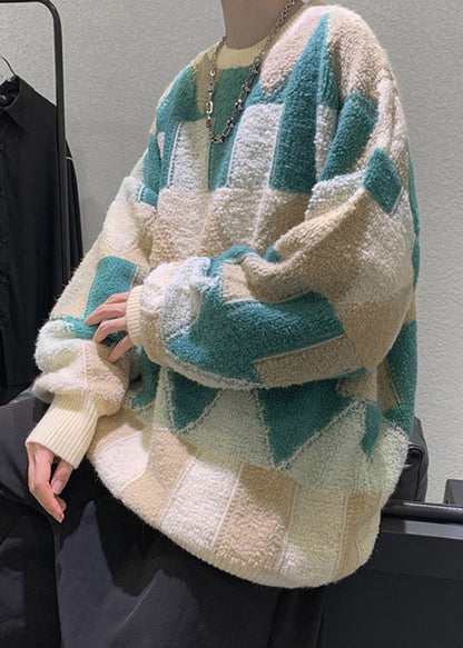 French Green O Neck Thick Cotton Knit Sweater Winter