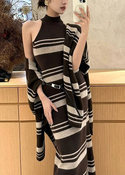 Brown Striped Cardigans and Sweater Dress Knit Two Pieces Set Fall