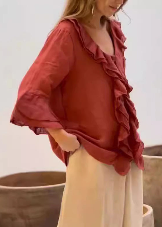 Blue V Neck Ruffled Patchwork Cotton Shirt Tops Spring