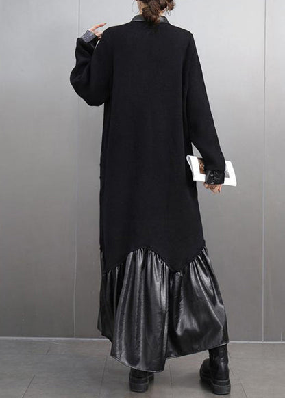 Black Peter Pan Collar Patchwork Button Maxi Dresses Spring