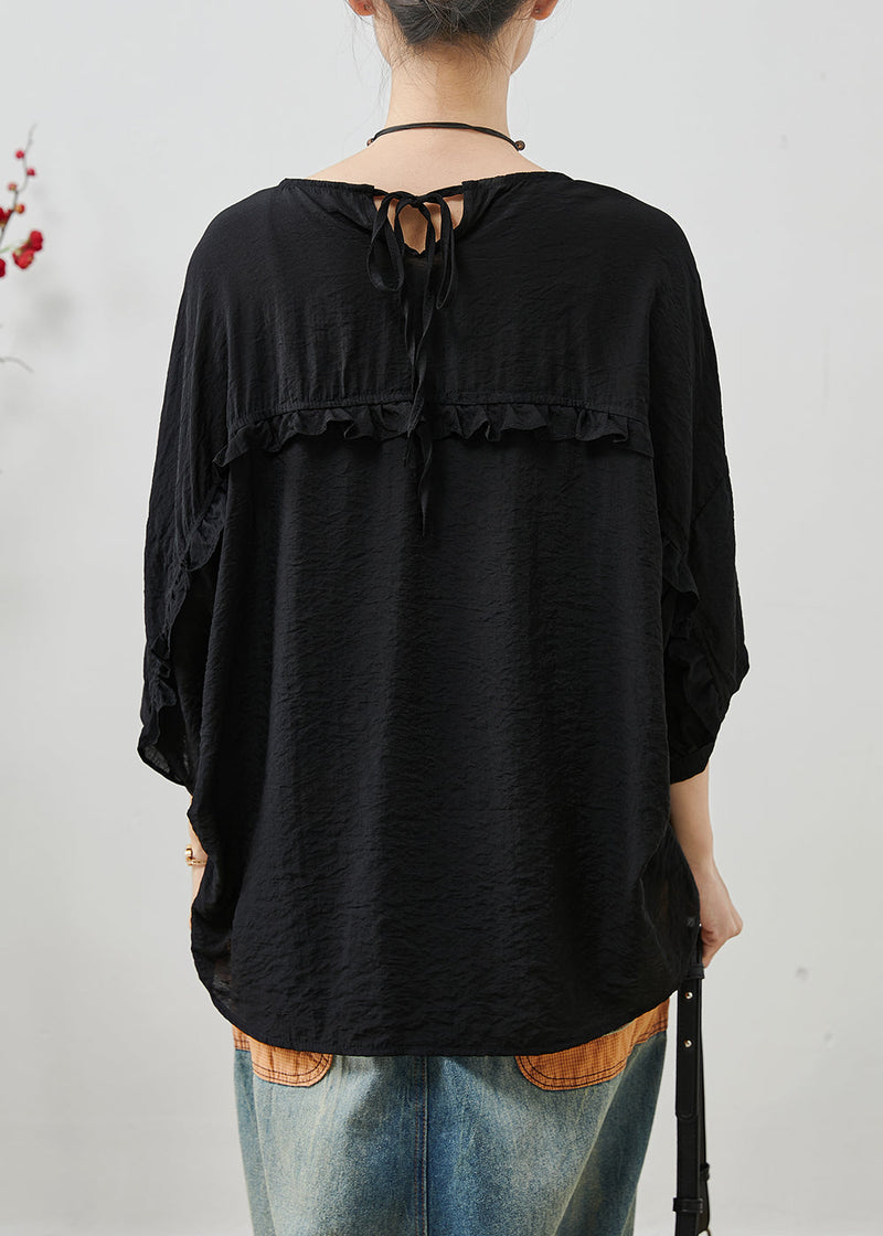 Italian Black Oversized Ruffles Cotton Shirt Summer