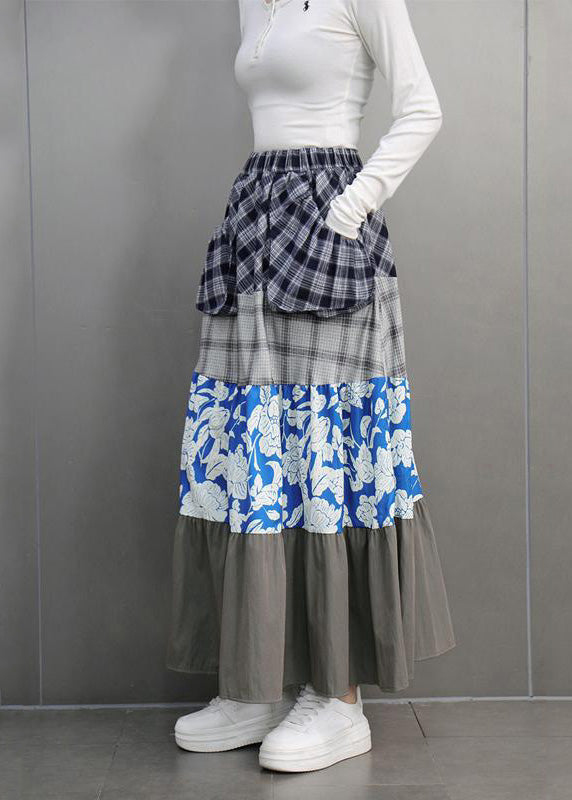 Colorblock Print Plaid Elastic Waist Maxi Skirts Spring