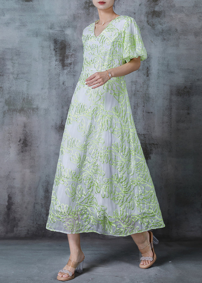 Green Embroidered Organza Robe Dresses Puff Sleeve