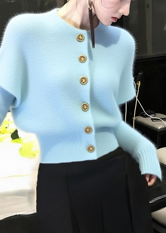Blue O Neck Button Knit Short Sweater Winter