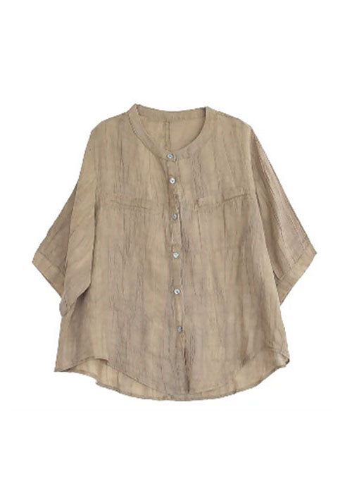 Classy Khaki O-neck Button Color Wrinkled Linen Shirt Top Half Sleeve