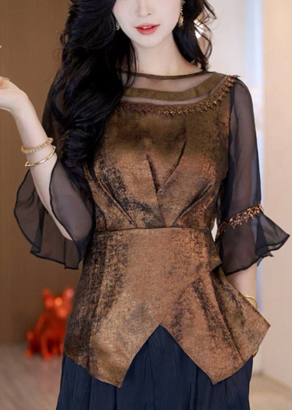 French Style New Coffee Asymmetrical Patchwork Chiffon Top Summer