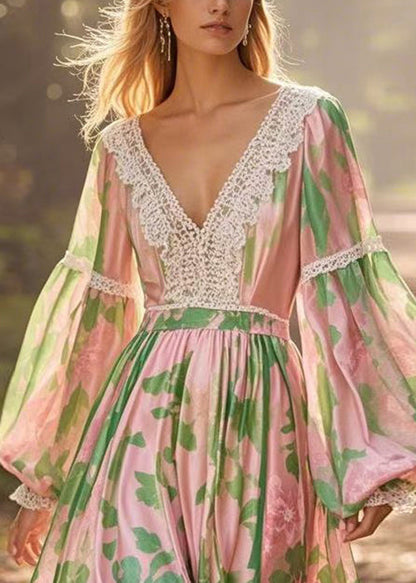 V Neck Print Lace Patchwork Chiffon Long Dress Lantern Sleeve