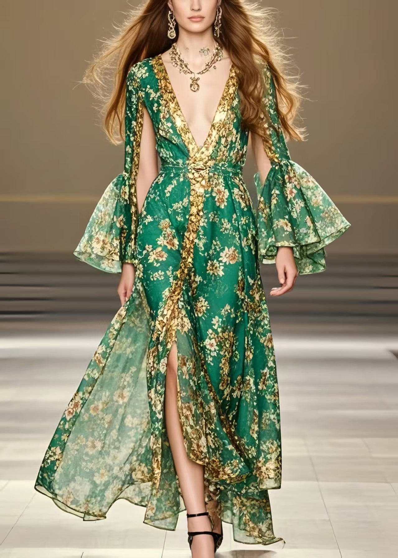 Green Deep-v Neck Print Chiffon Party Dresses Flare Sleeve