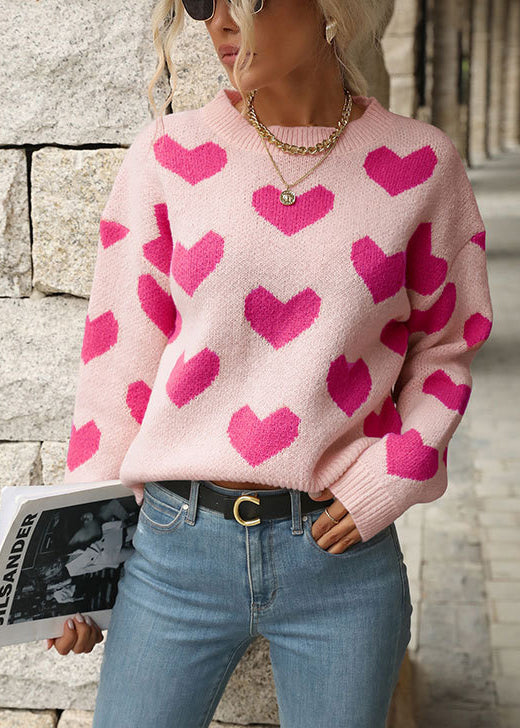 Diy Pink O Neck Thick Heart Jacquard Knit Pullover Fall