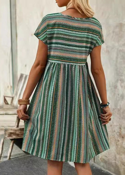Blue V Neck Striped Cotton Mid Dress Summer