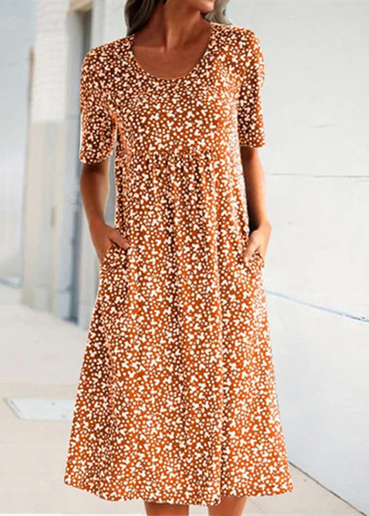 Navy O Neck Print Pockets Cotton Long Dress Summer