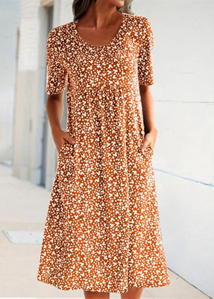 Navy O Neck Print Pockets Cotton Long Dress Summer