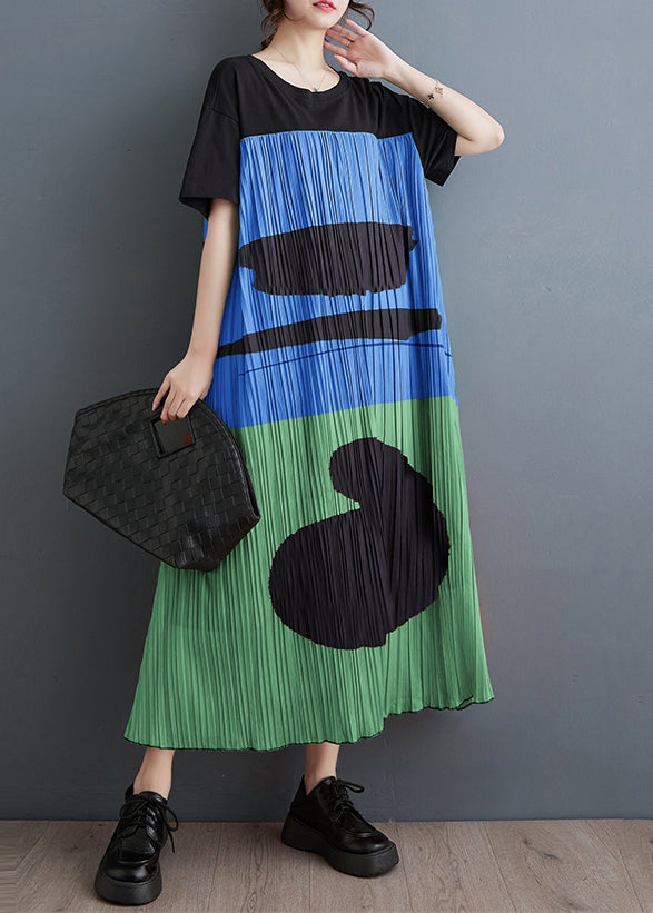 Diy Blue Oversized Patchwork Print Cotton Maxi Dress Summer