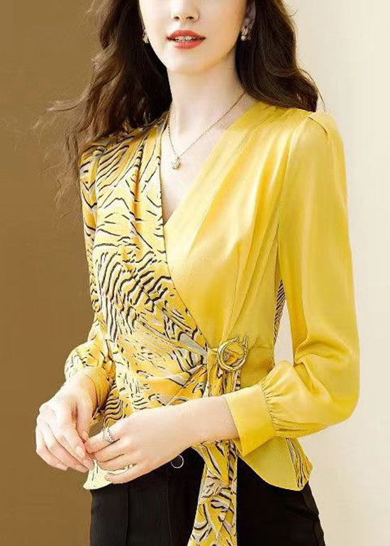 Yellow V Neck Asymmetrical Print Chiffon Tops Spring