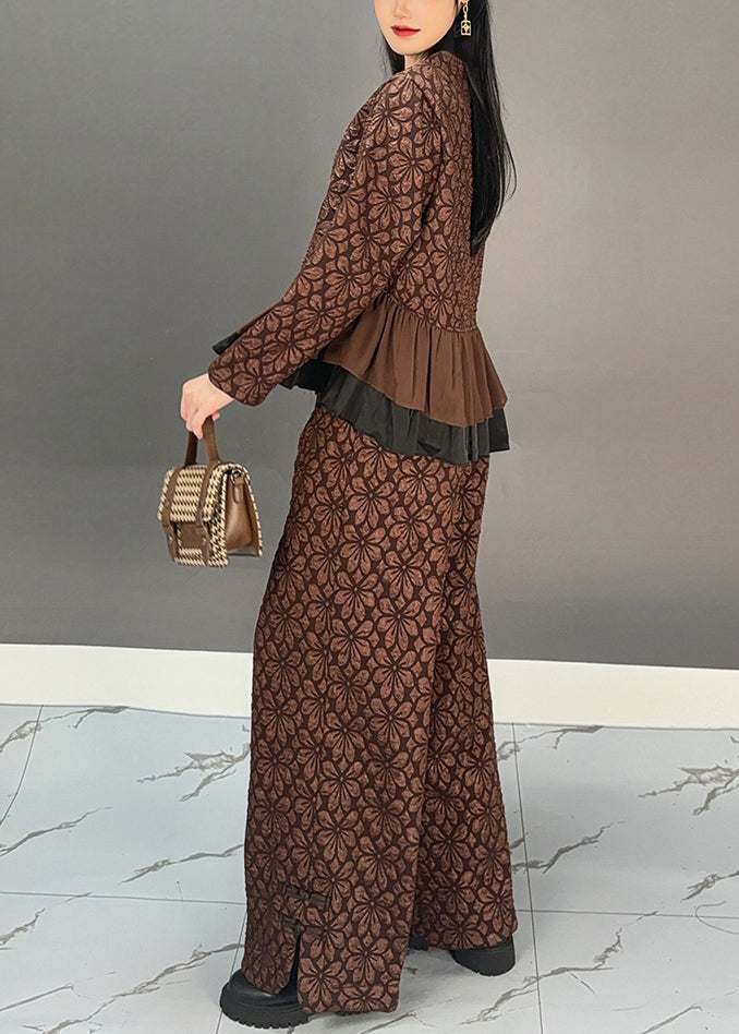 Chocolate Ruffled Patchwork Print Shirts and Wide Leg Pants Two Pieces Set Spring