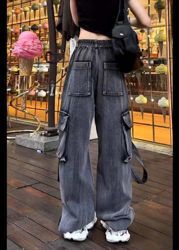 Black Pockets Ripped Denim Pants Trousers Fall