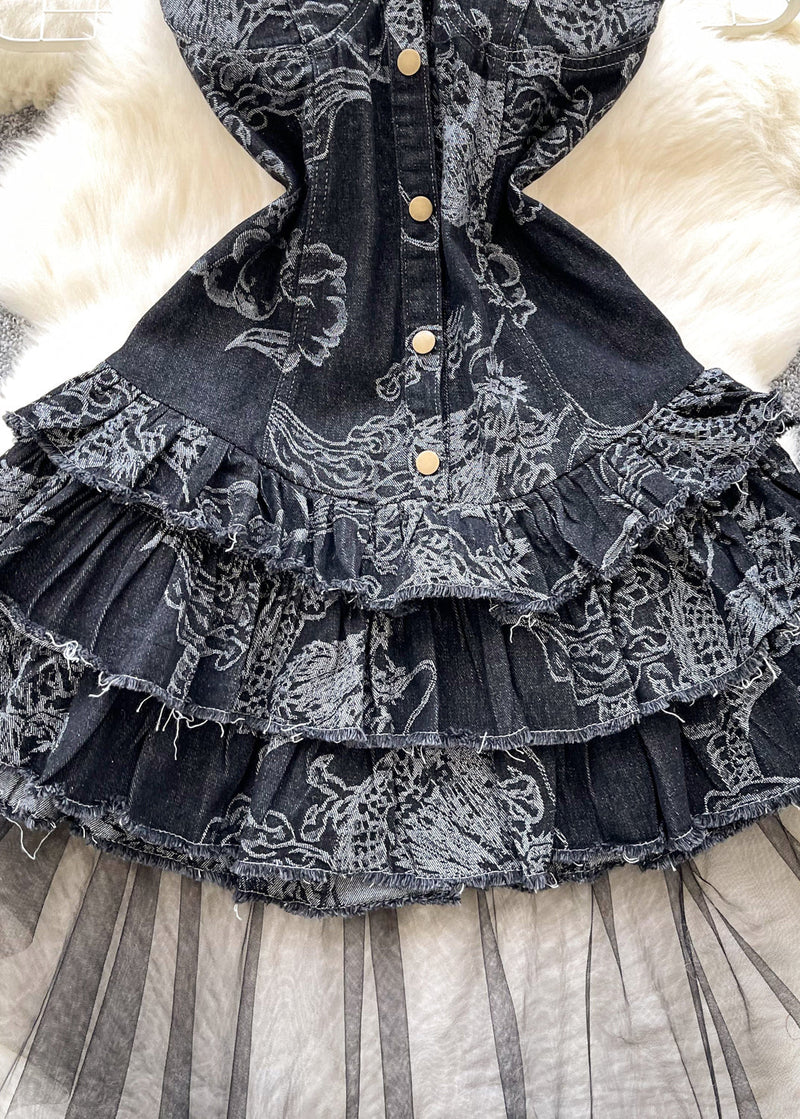 Black Patchwork Tulle Denim Strapless Dress Summer