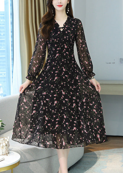 Black Ruffled Print Chiffon Long Dress Spring