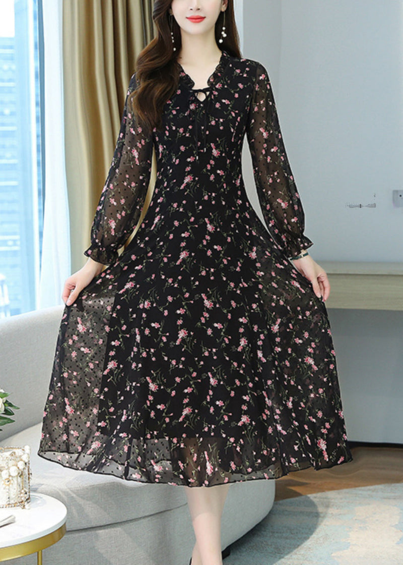 Black Ruffled Print Chiffon Long Dress Spring