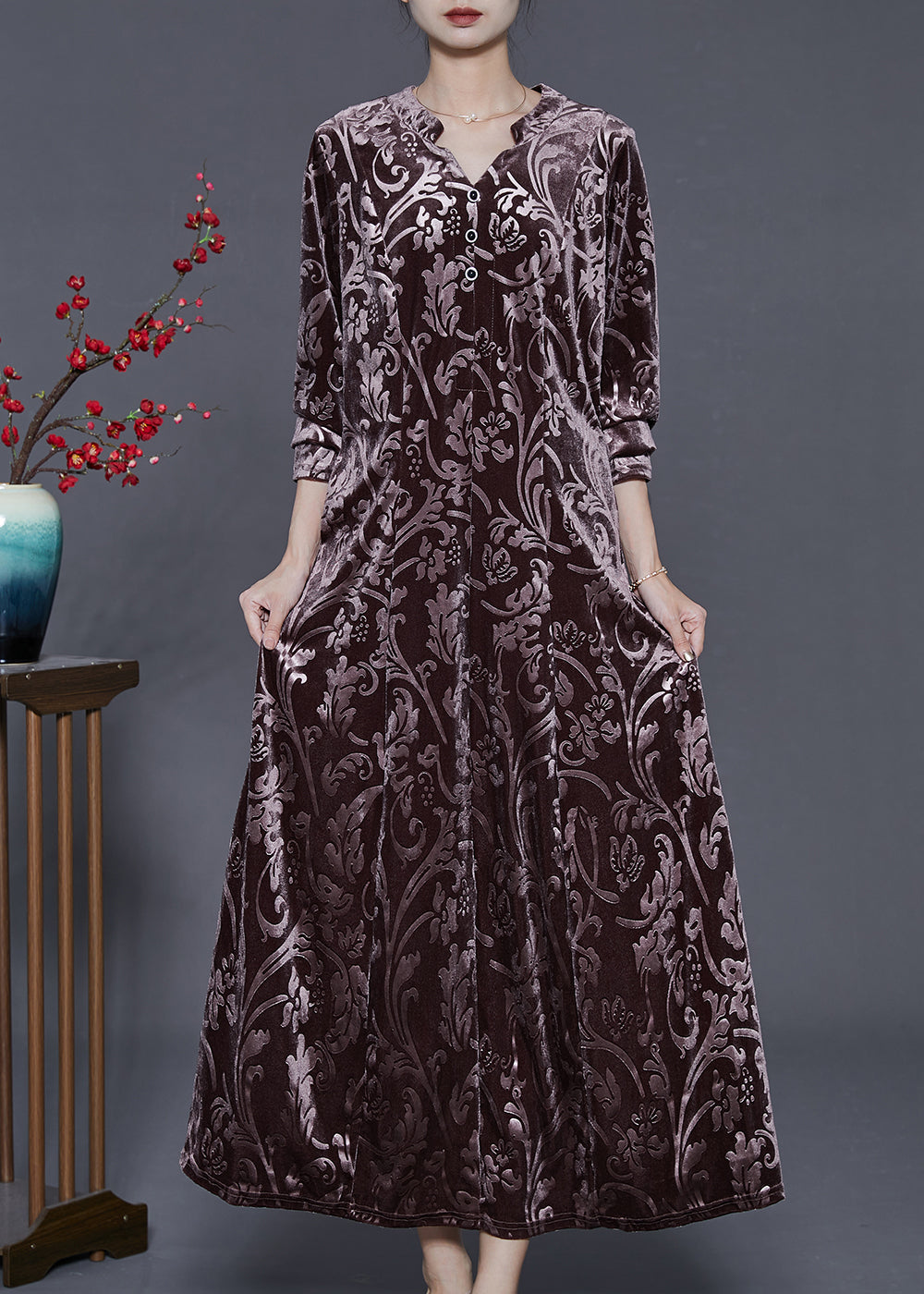 Chocolate Jacquard Silk Velvet Long Dress Two Piece Set Fall