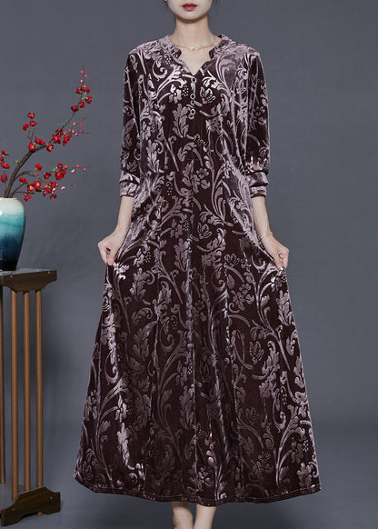 Chocolate Jacquard Silk Velvet Long Dress Two Piece Set Fall