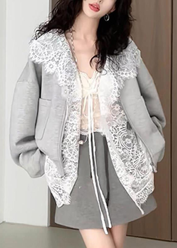 New Navy Hooded Lace Shirts Coat and Skirts Cotton Three Pieces Set Fall