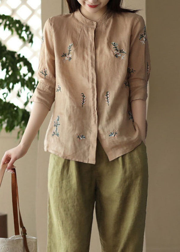 Khaki Patchwork Linen Tops Embroidered Stand Collar Button Summer