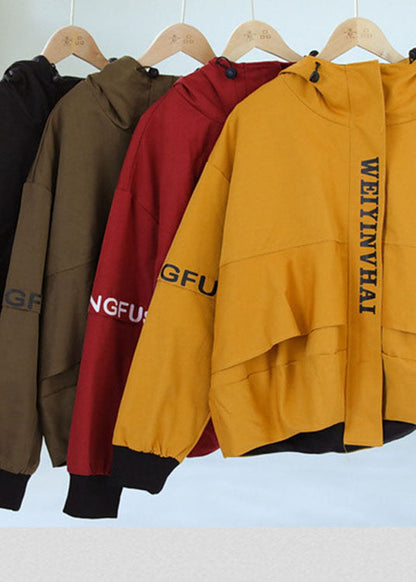 Loose Yellow Zippered Fall Hoodie Coat