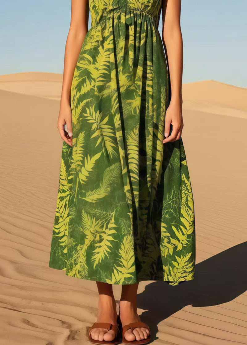 Tea Green V Neck Print Cotton Cami Dresses Summer