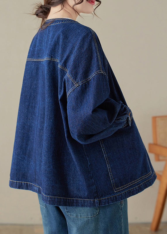 Loose Blue O-neck Pockets Patchwork Denim Coats Long Sleeve