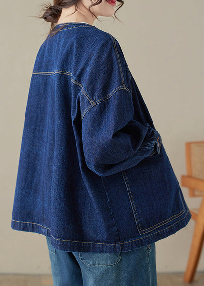 Loose Blue O-neck Pockets Patchwork Denim Coats Long Sleeve