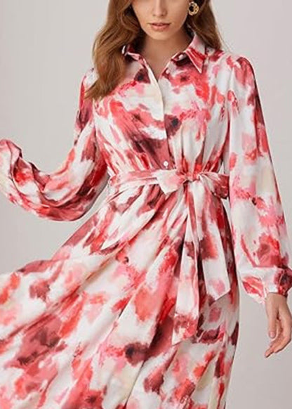 Art Red Peter Pan Collar Print Tie Waist Long Dress Fall