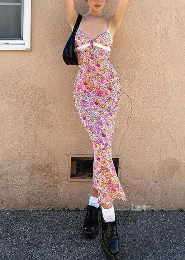 Fine Pink Print Cotton Spaghetti Strap Dress Summer