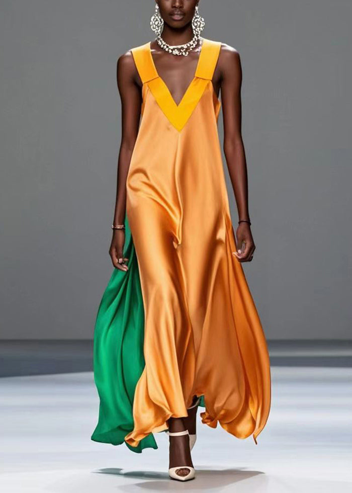 Yellow V Neck Patchwork Silk Summer Dress Sleeveless