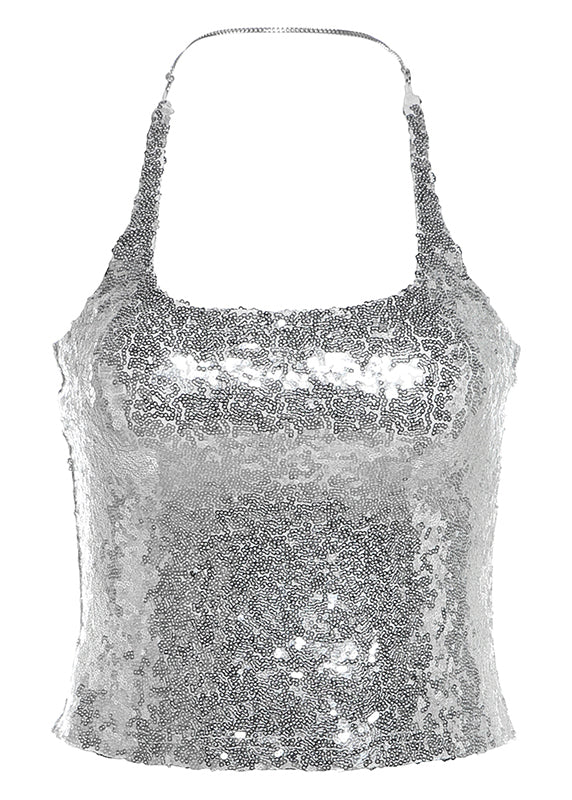 Style Silver Backless Halter Sequins Short Top Sleeveless