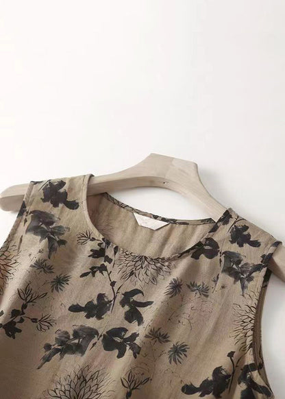 French Khaki O Neck Print Tie Waist Cotton Long Dresses Sleeveless