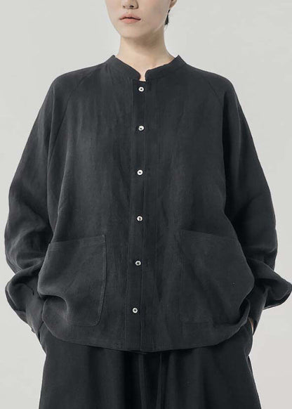 Chinese Style Linen Stand Collar Pockets Shirts Spring