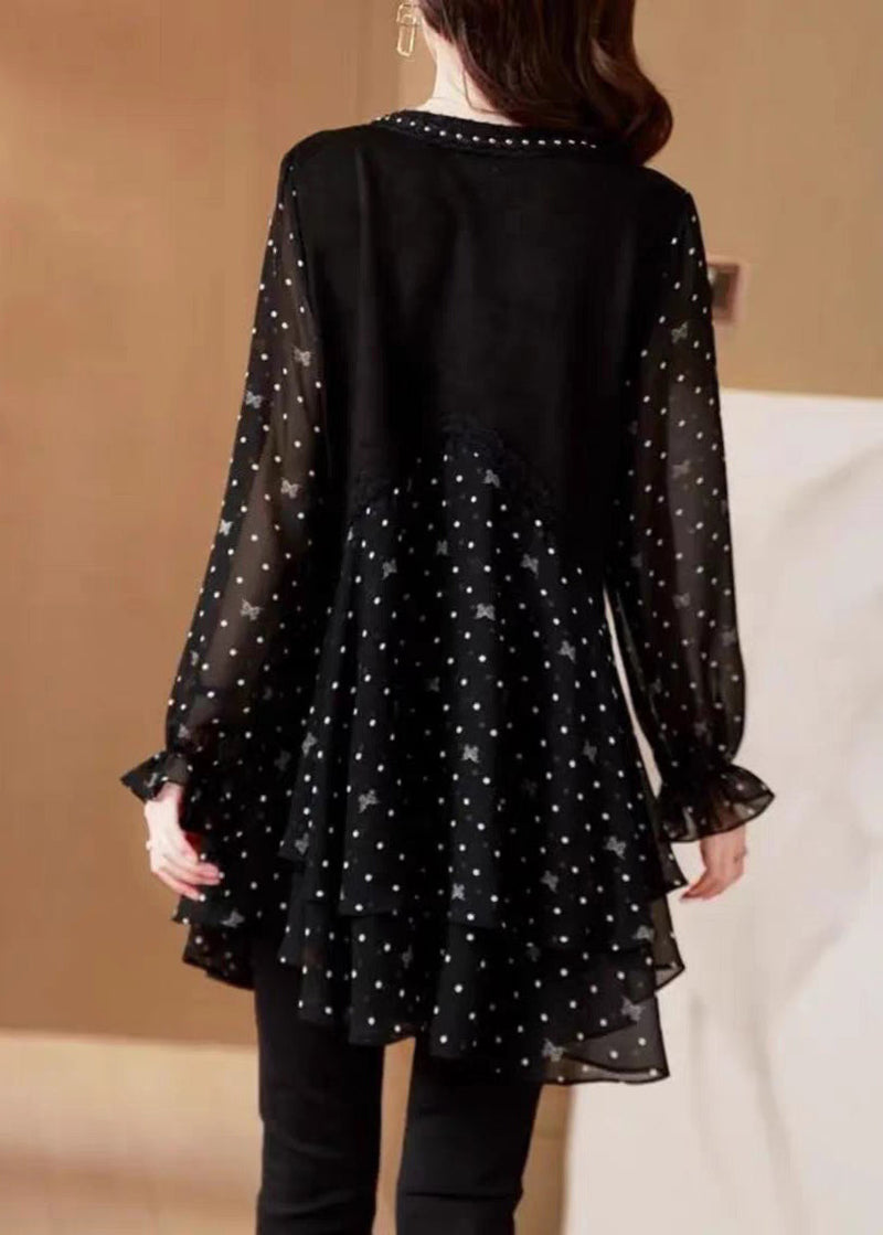 French Black O-neck Dot Chiffo Shirt Lantern Sleeve