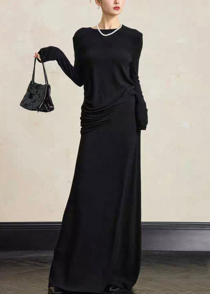 Simple Black O Neck Tops and Skirts Cotton Two Pieces Set Fall