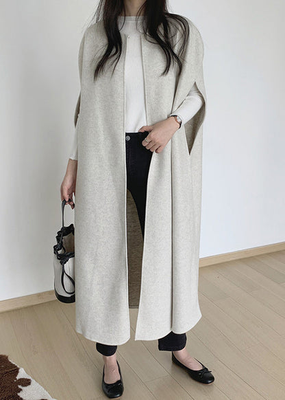 Beige Woolen Long Waistcoat O Neck Winter