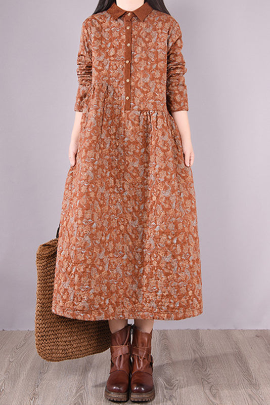 Winter Quilted Print Dress Cotton Linen Dress
