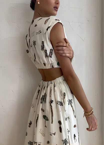 White O-neck Print Elastic Waist Linen Dress Sleeveless