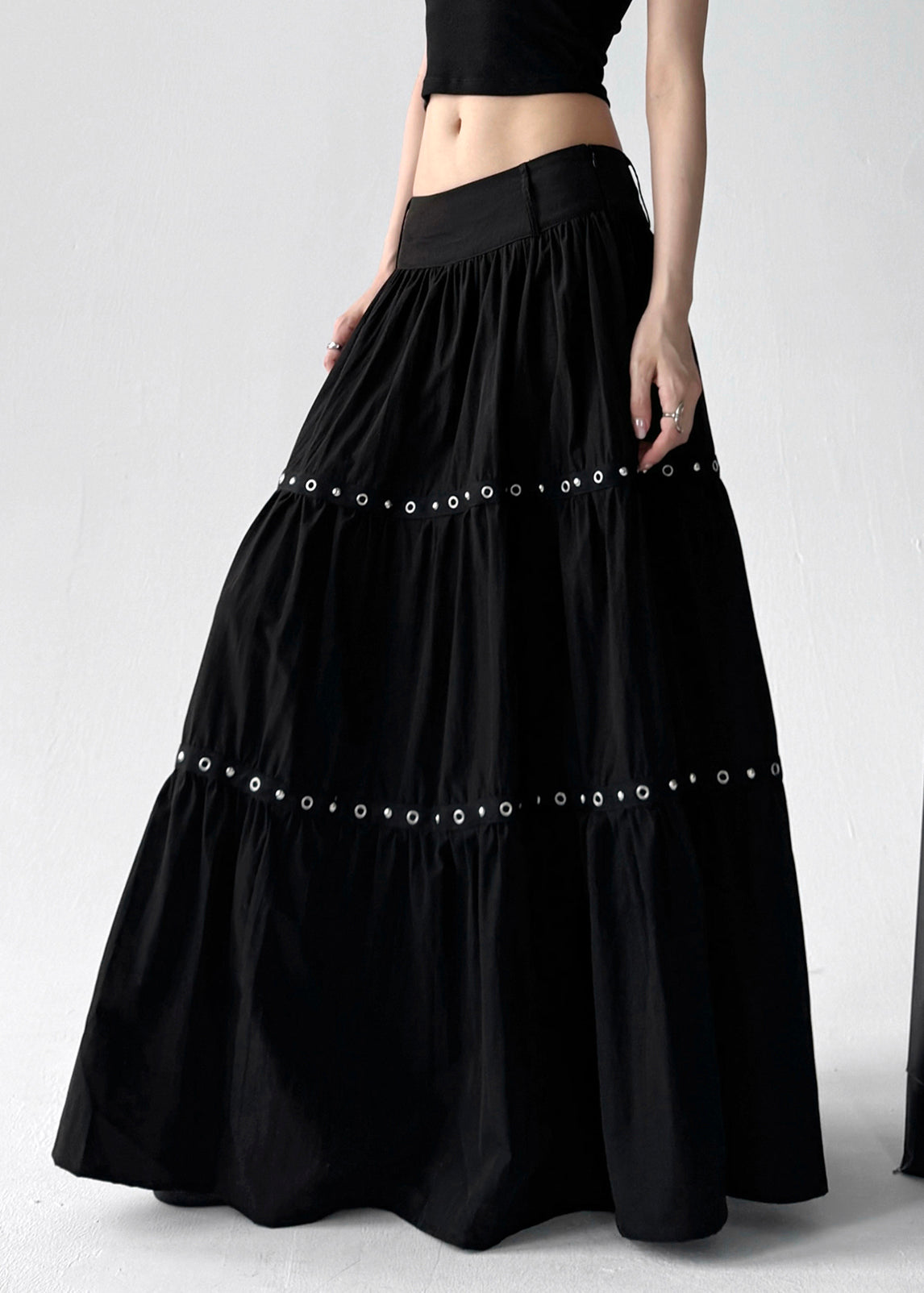 Black Wrinkled Patchwork Elastic Waist Cotton a Line Skirts Summer