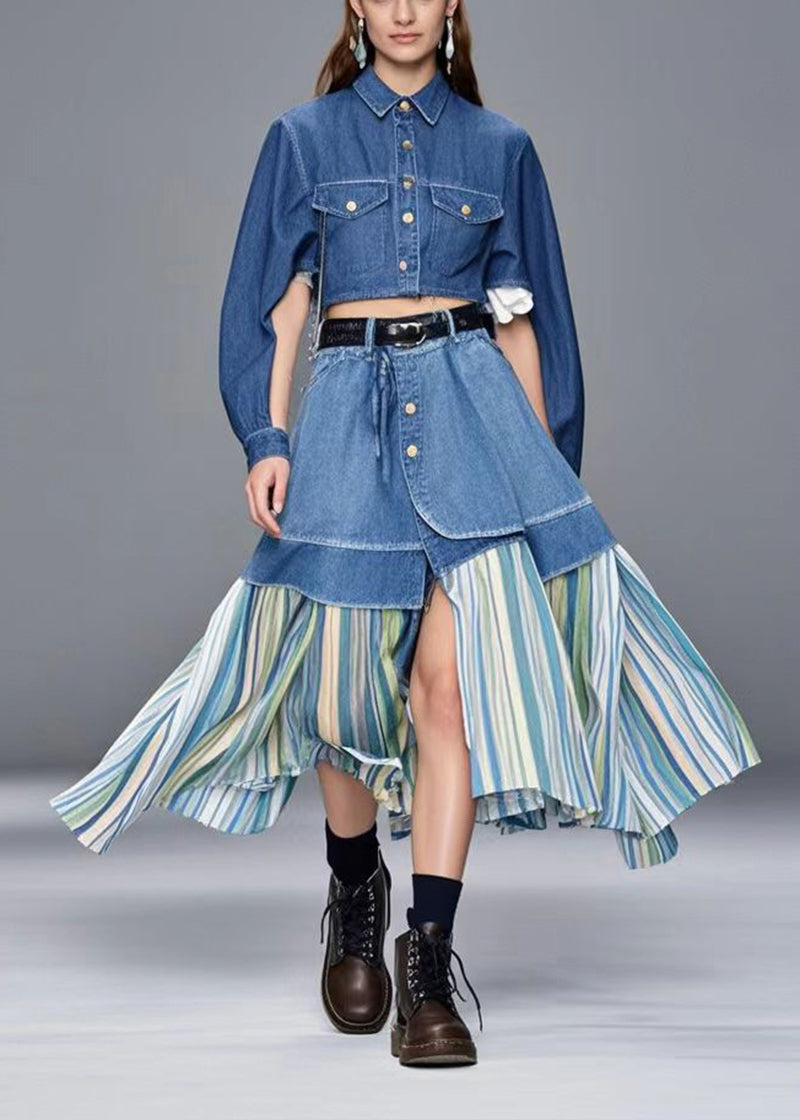Blue Side Open Patchwork Striped Denim Skirt Spring