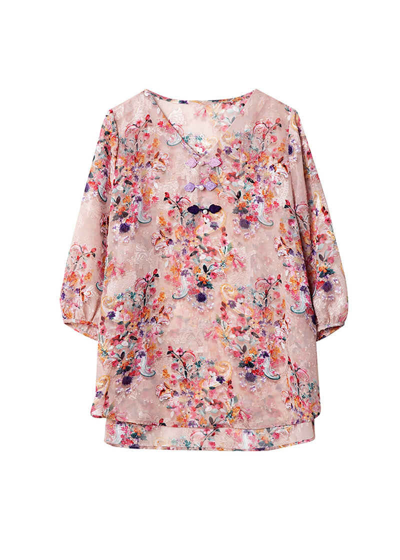 Pink V Neck Print Chiffon Blouse Tops Bracelet Sleeve