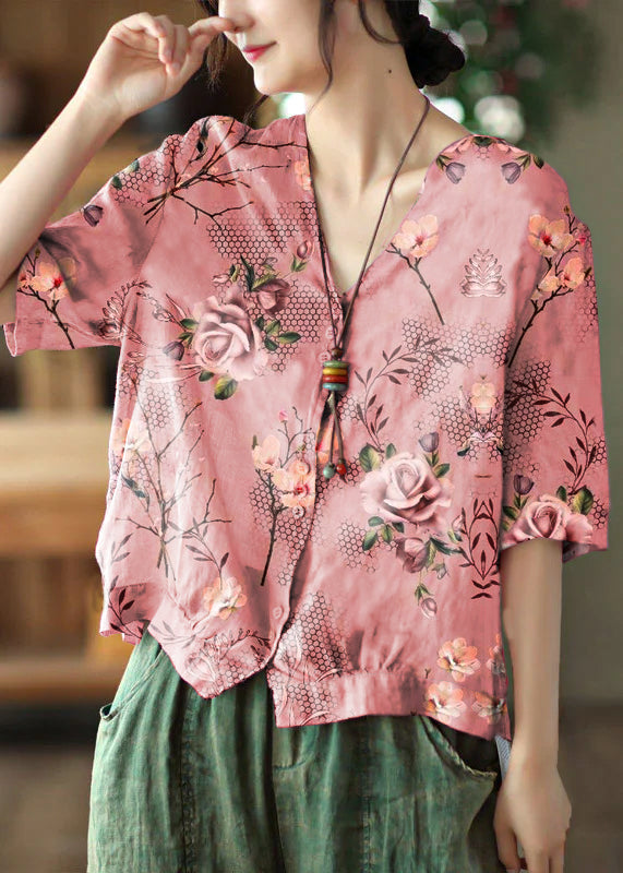 Italian Pink Geometry V Neck Print Button Linen Top Half Sleeve