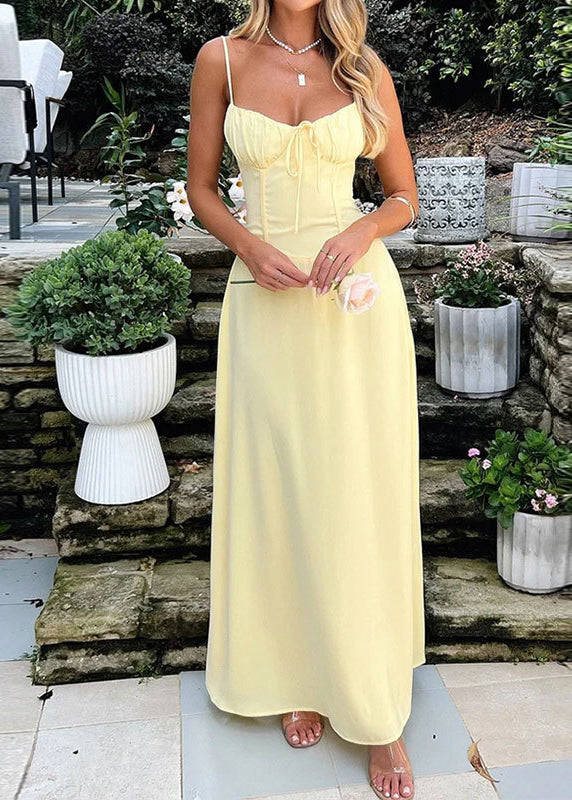 Yellow Lace Up Cotton Spaghetti Strap Dress Summer