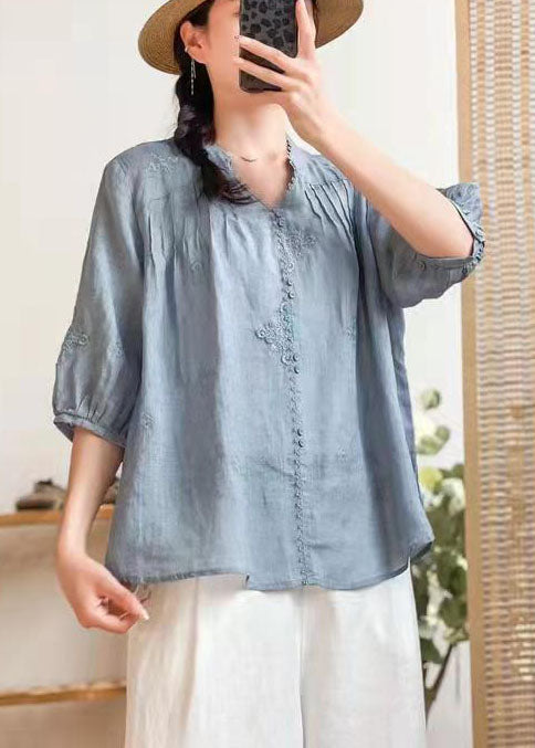 Stylish Orange V Neck Embroidered Summer Ramie Shirts Half Sleeve