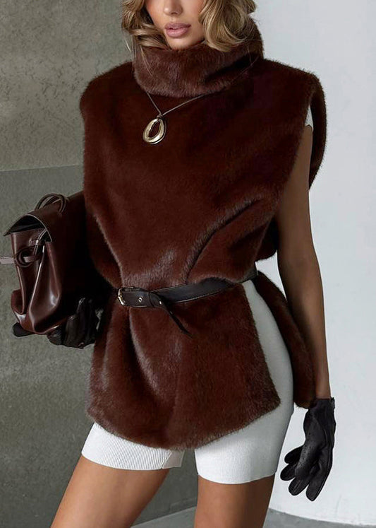Fine Coffee Turtleneck Side Open Fluffy Waistcoat Sleeveless