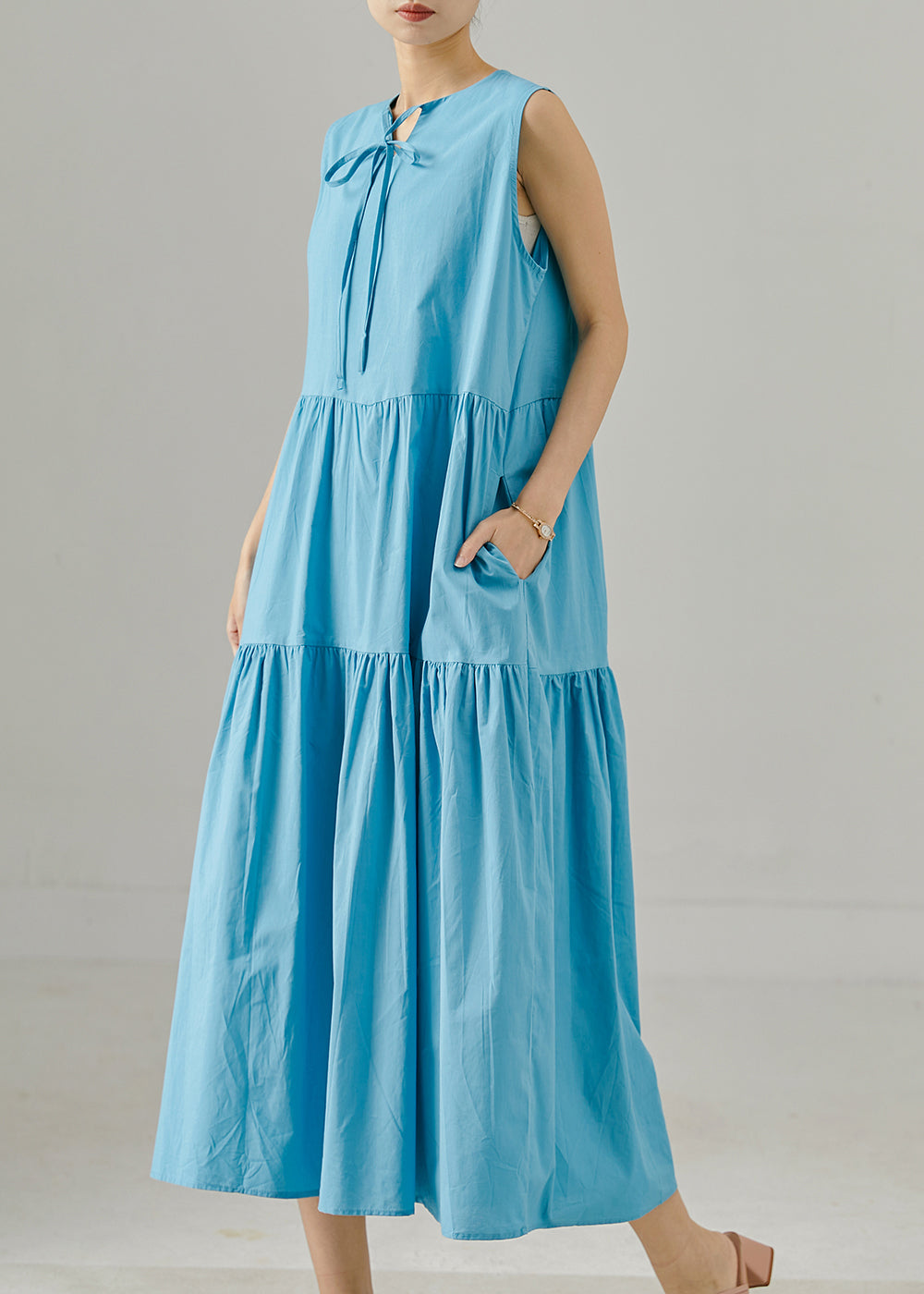 Sea Blue Lace Up Patchwork Cotton Dress Sleeveless
